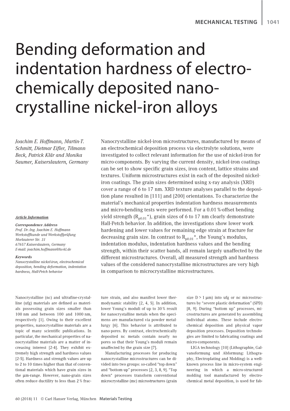 Bending Deformation and Indentation Hardness of Electro­ Chemically Deposited Nano­ Crystalline Nickel-Iron Alloys