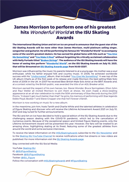 James Morrison to Perform One of His Greatest Hits Wonderful World at the ISU Skating Awards
