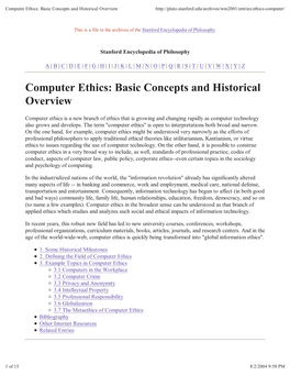 Computer Ethics: Basic Concepts and Historical Overview