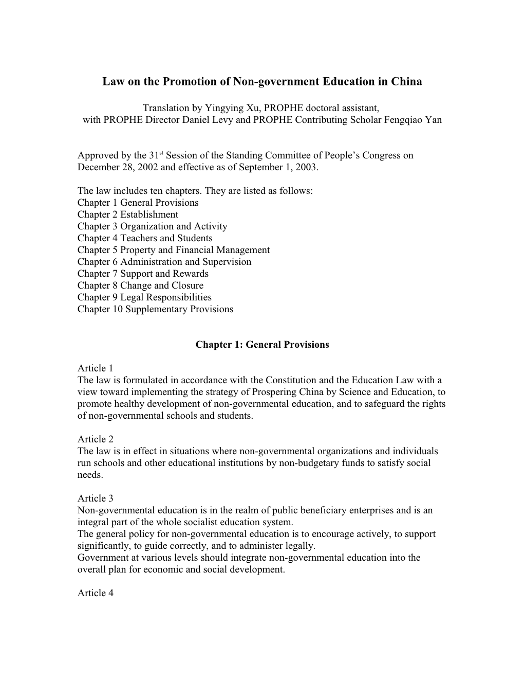 Law On The Promotion Of Non-Government Education In China