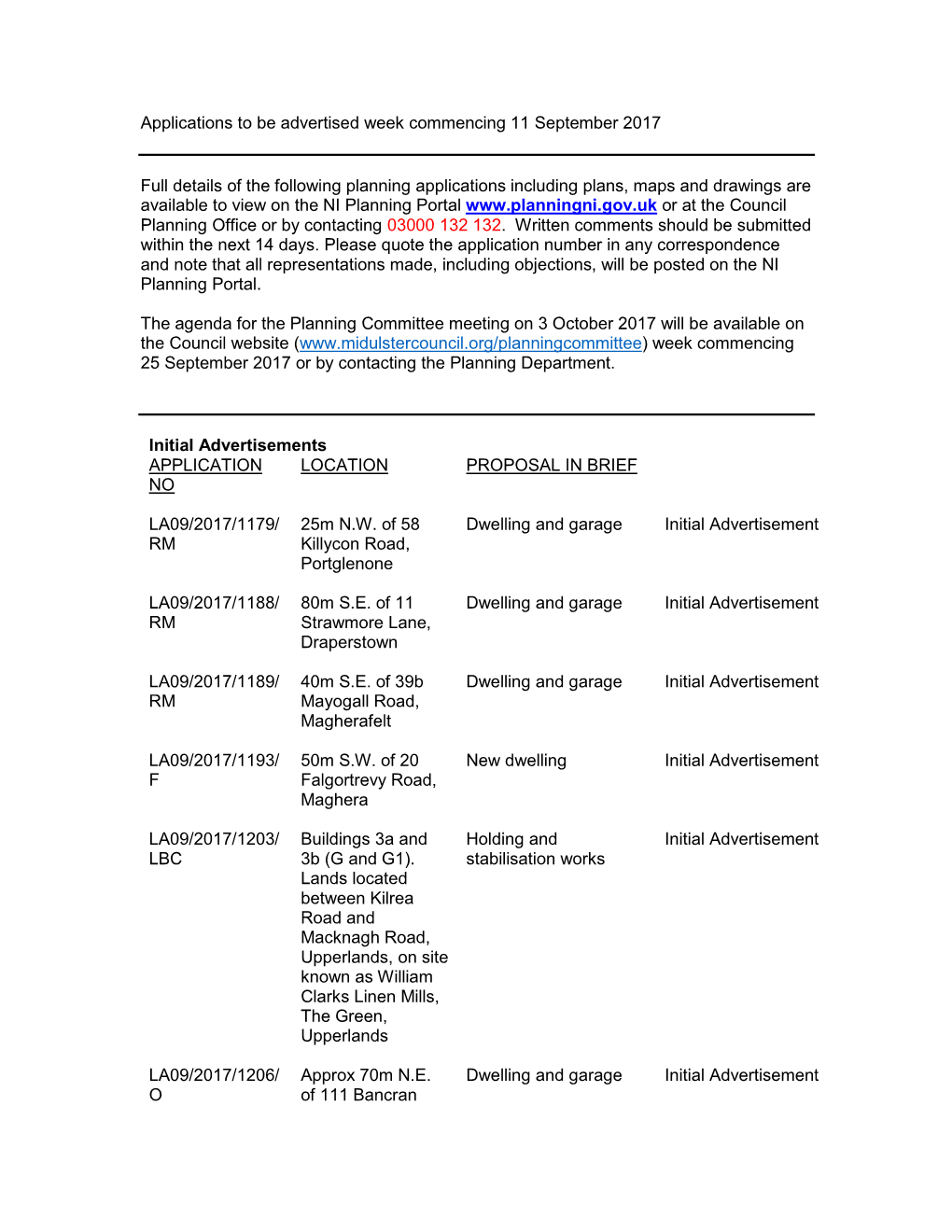 Applications to Be Advertised Week Commencing 11 September 2017 Full Details of the Following Planning Applications Including Pl