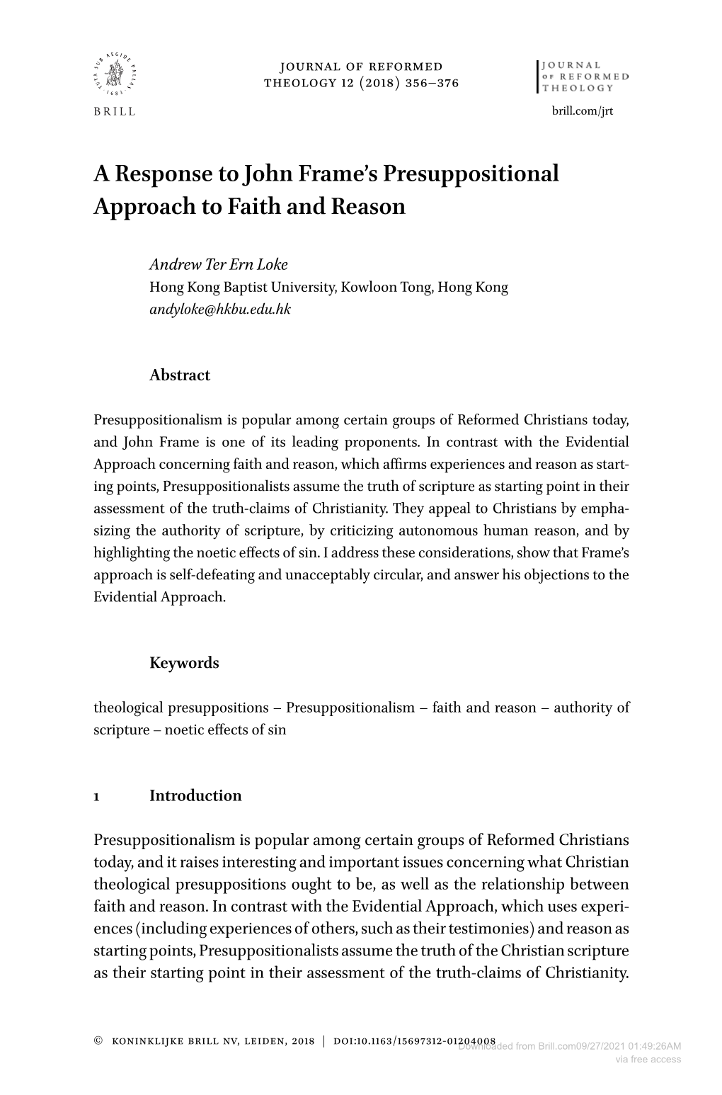 A Response to John Frame's Presuppositional Approach to Faith