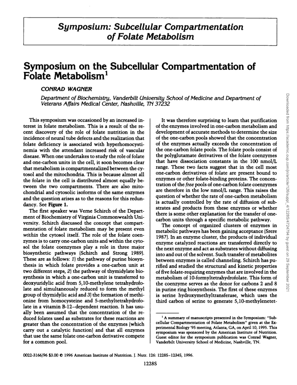 Symposium on the Subcellular Compartmentation of Folate Metabolism1