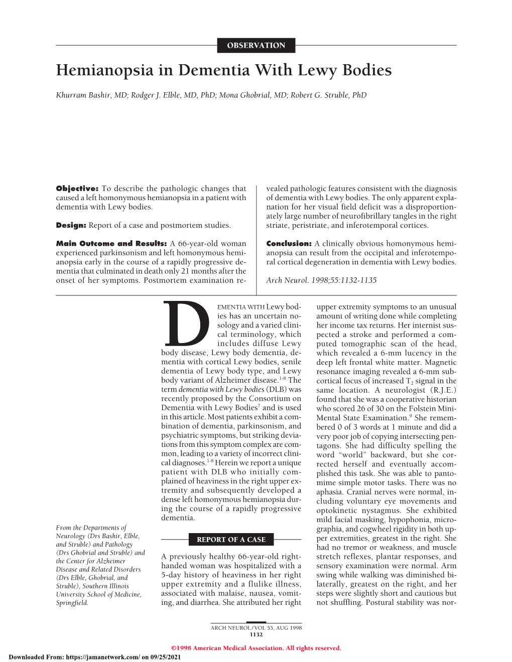 Hemianopsia in Dementia with Lewy Bodies