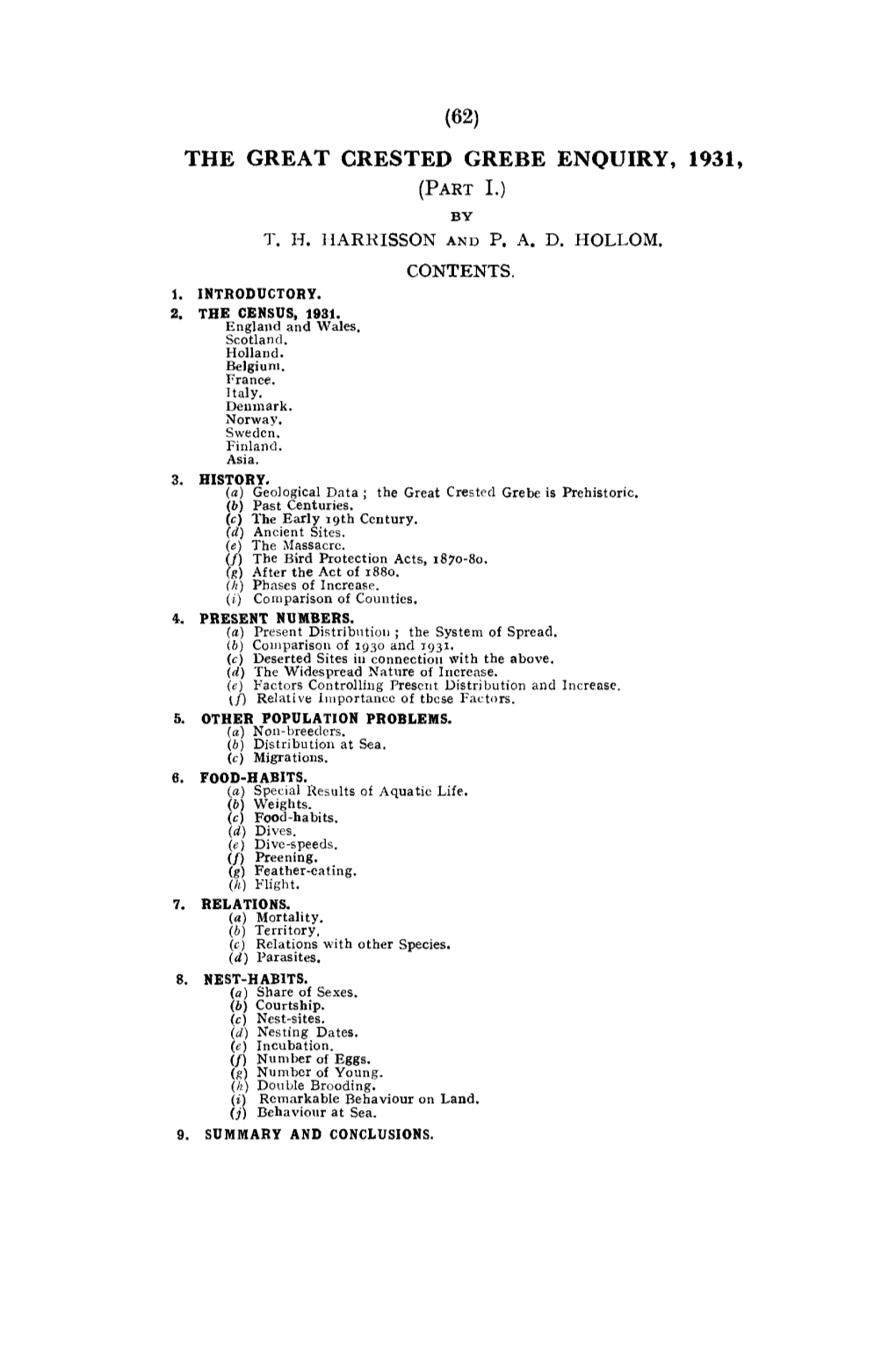 The Great Crested Grebe Enquiry, 1931, (Part I.) by T