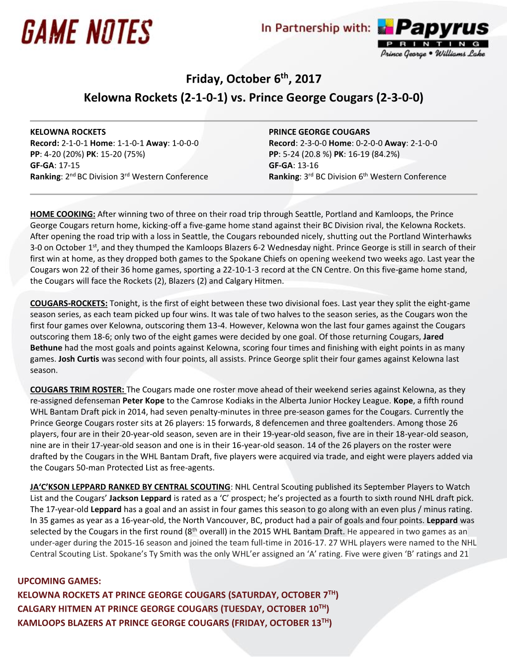 Friday, October 6Th, 2017 Kelowna Rockets (2-1-0-1) Vs. Prince George Cougars (2-3-0-0)