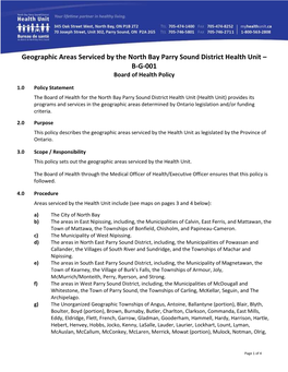 Geographic Areas Serviced by the NBPSDHU B-G-001