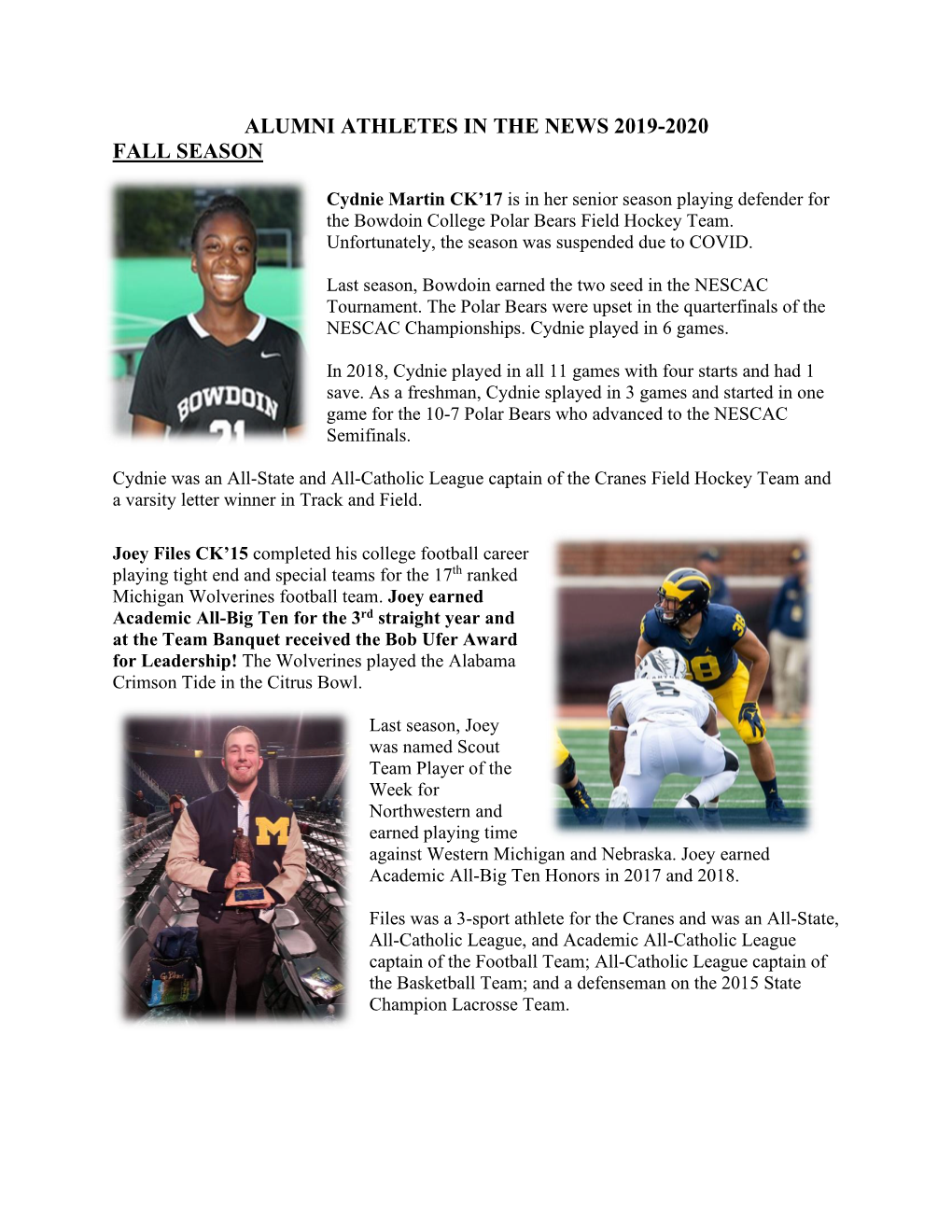 Alumni Athletes in the News 2019-2020 Fall Season