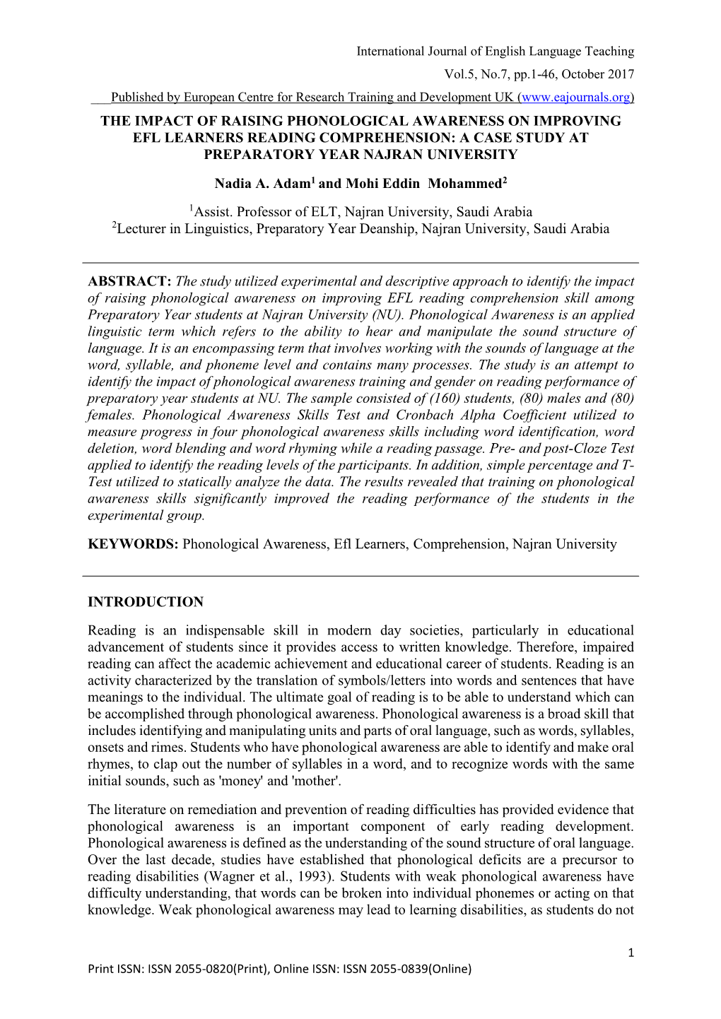 THE IMPACT of RAISING PHONOLOGICAL AWARENESS on IMPROVING EFL LEARNERS ...