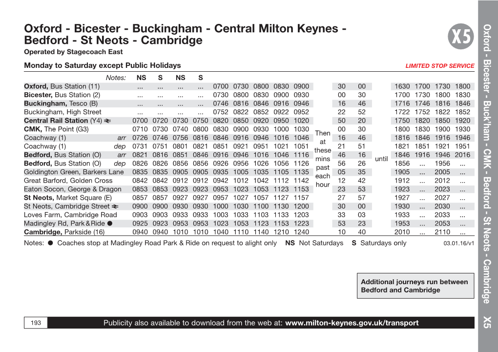 Bicester - Buckingham - Central Milton Keynes - Oxfor D Bedford - St Neots - Cambridge X5