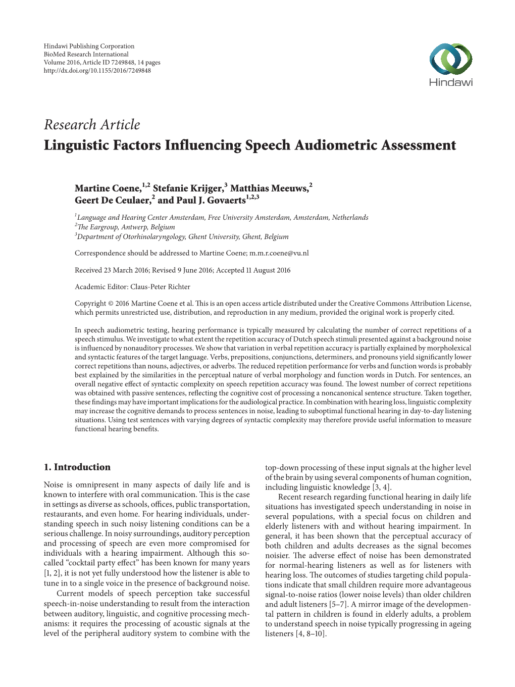 Research Article Linguistic Factors Influencing Speech Audiometric Assessment