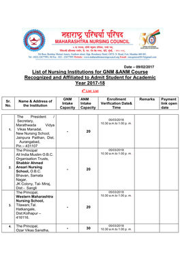 List of Nursing Institutions for GNM &ANM Course Recognized And