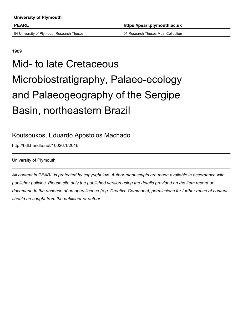 Mió- to Late Cretaceous Microbiostratigraphy/ Palaeo-Ecology and Palaeogeography of the Sergipe Basin, Northeastern Brazil Dece