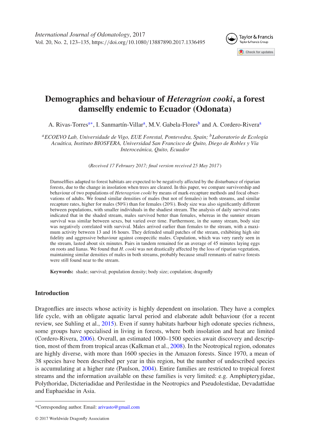 Demographics and Behaviour of Heteragrion Cooki, a Forest