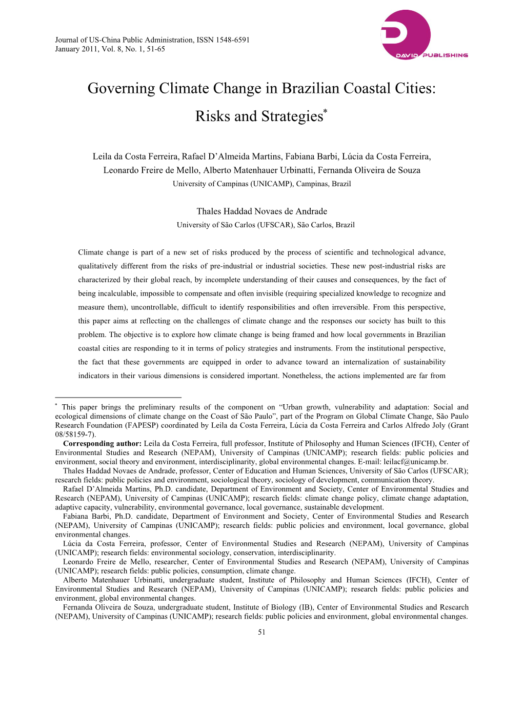 Governing Climate Change in Brazilian Coastal Cities: Risks and Strategies∗