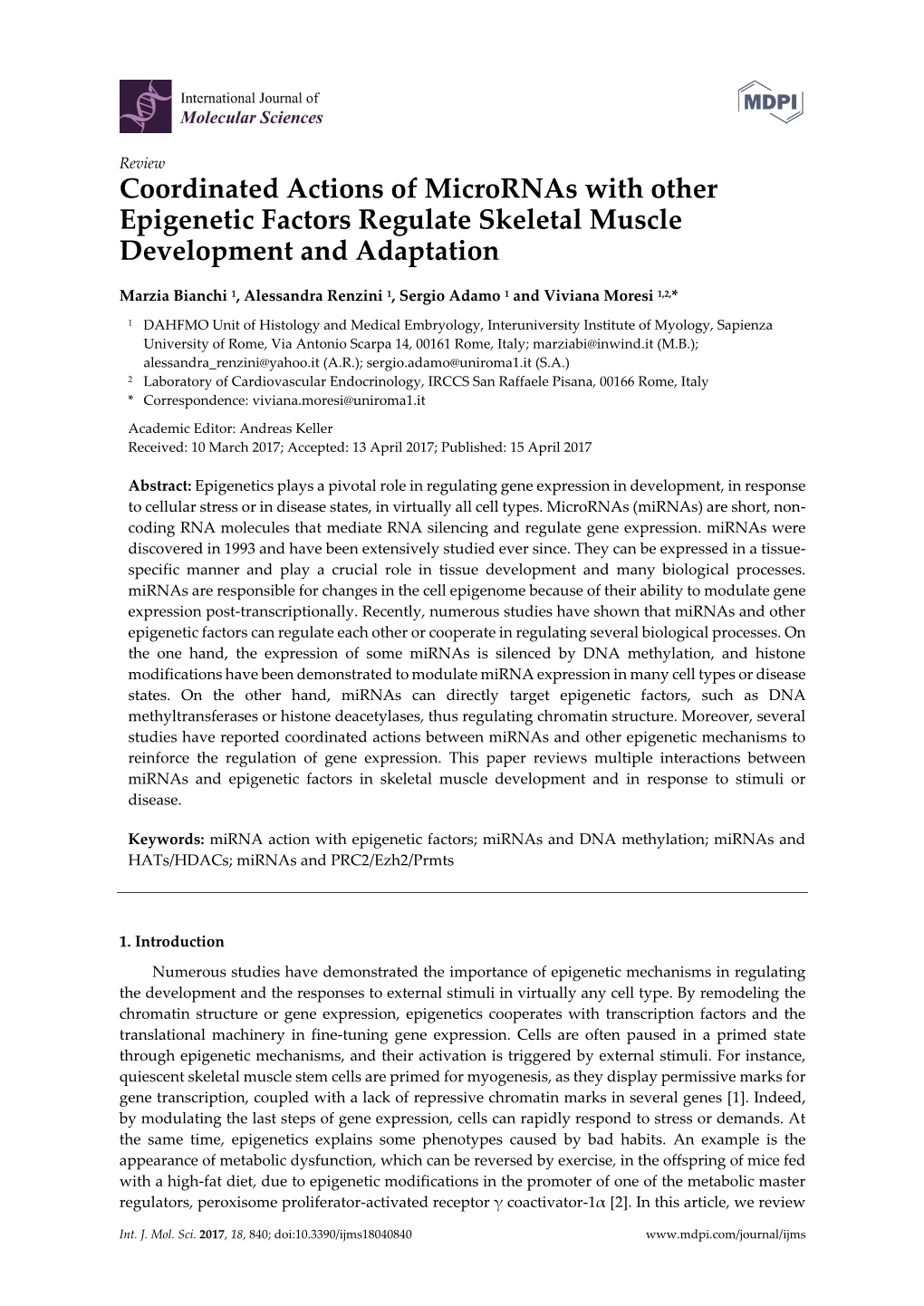 Coordinated Actions of Micrornas with Other Epigenetic Factors Regulate Skeletal Muscle Development and Adaptation