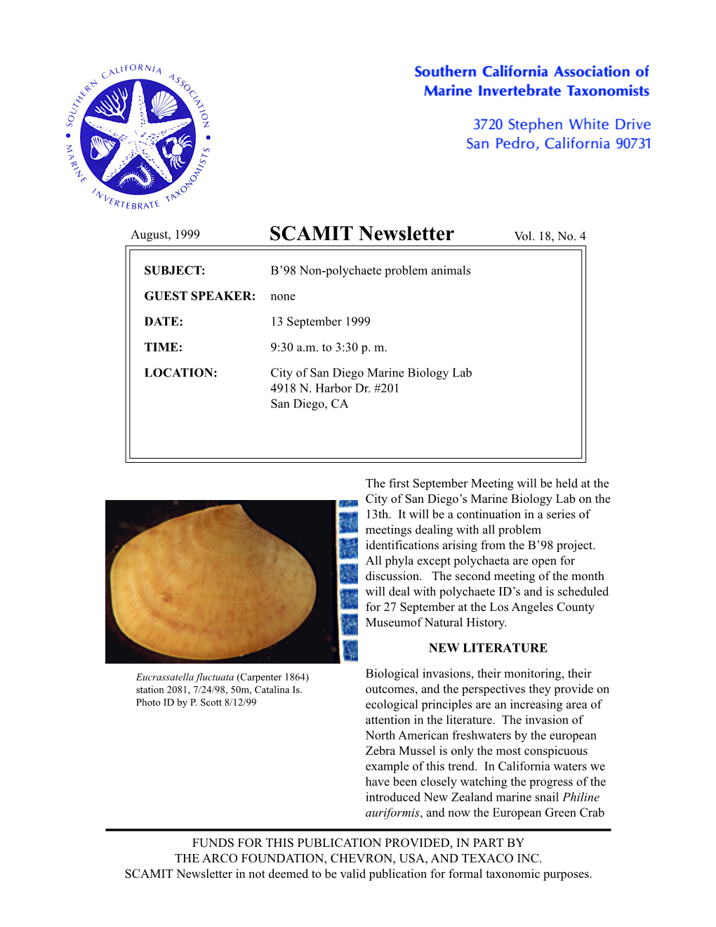 SCAMIT Newsletter Vol. 18 No. 4 1999 August