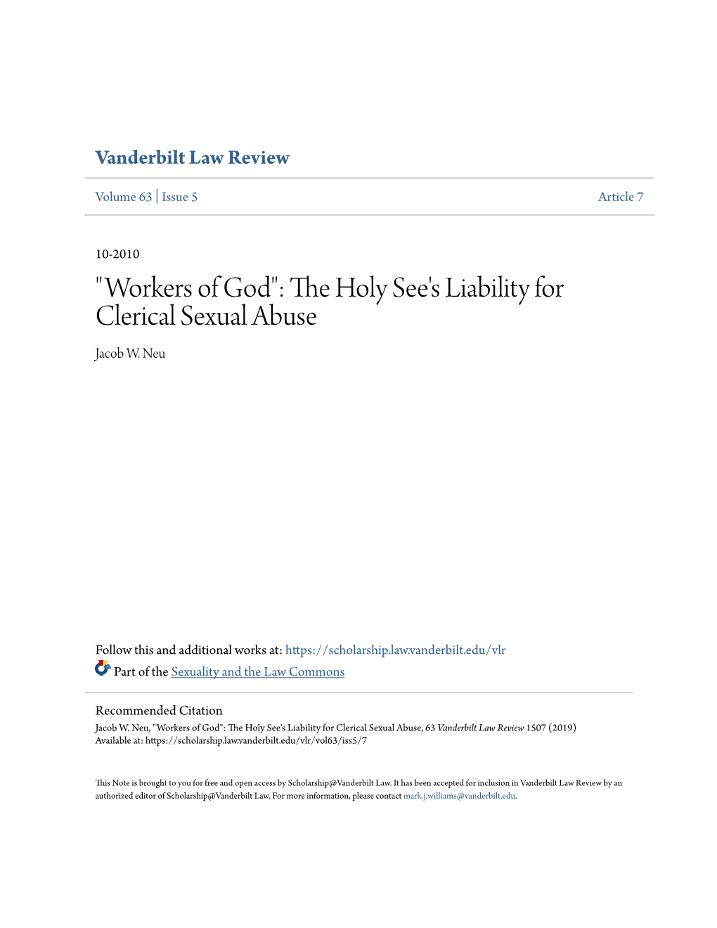 The Holy See's Liability for Clerical Sexual Abuse