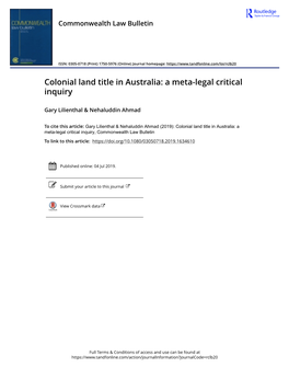 Colonial Land Title in Australia: a Meta-Legal Critical Inquiry