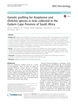Genetic Profiling for Anaplasma and Ehrlichia Species in Ticks Collected in the Eastern Cape Province of South Africa Benson C