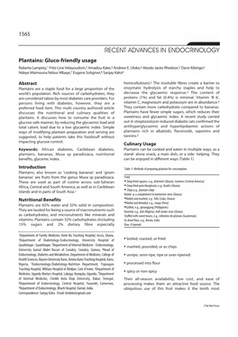 RECENT ADVANCES in ENDOCRINOLOGY Plantains: Gluco-Friendly Usage Roberta Lamptey,1 Fritz-Line Velayoudom,2 Amadou Kake,3 Andrew E