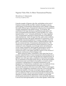 Nigerian Video Film As Minor Transnational Practice