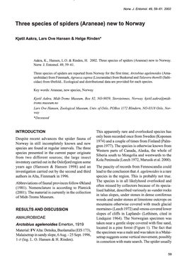 Three Species of Spiders (Araneae) New to Norway