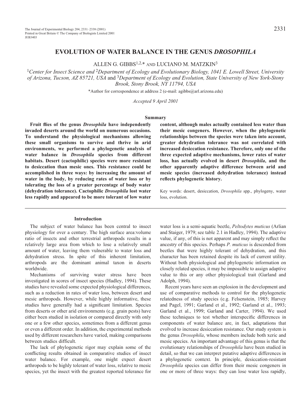 Water Balance in the Genus Drosophila