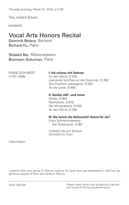 Vocal Arts Honors Recital Dominik Belavy , Baritone Richard Fu , Piano