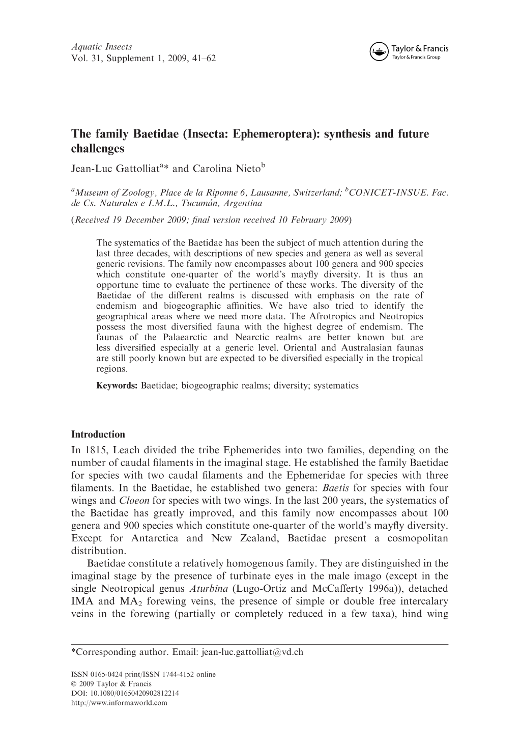 The Family Baetidae (Insecta: Ephemeroptera): Synthesis And