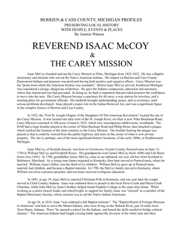 REVEREND ISAAC Mccoy & the CAREY MISSION
