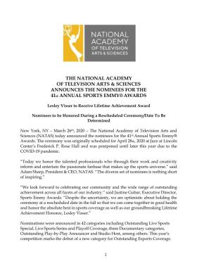 THE NATIONAL ACADEMY of TELEVISION ARTS & SCIENCES ANNOUNCES the NOMINEES for the 41St ANNUAL SPORTS EMMY® AWARDS