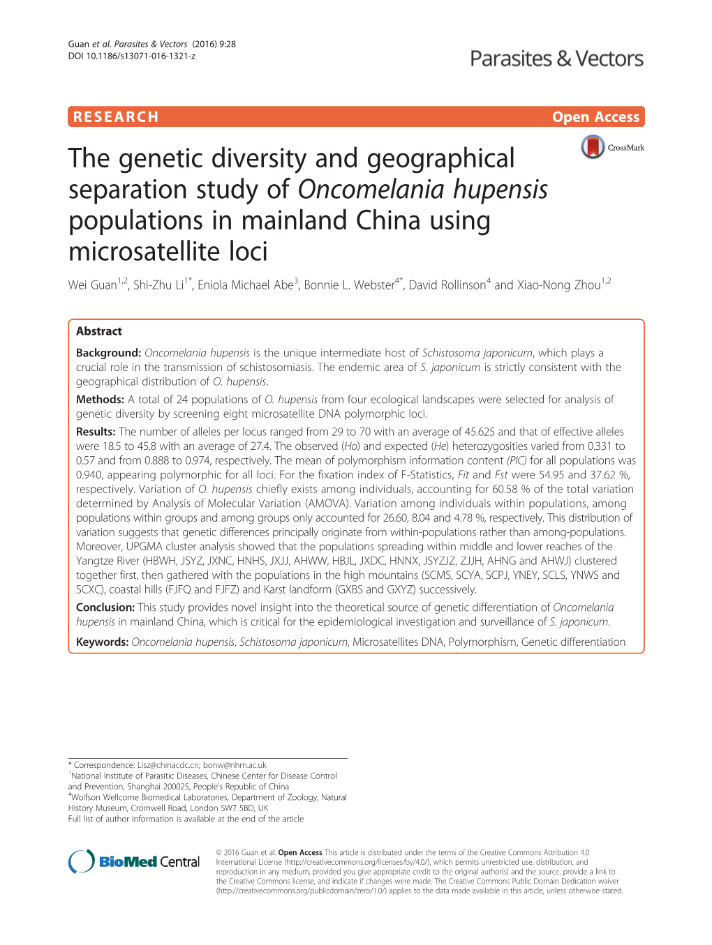 Oncomelania Hupensis Populations in Mainland China Using Microsatellite Loci Wei Guan1,2, Shi-Zhu Li1*, Eniola Michael Abe3, Bonnie L