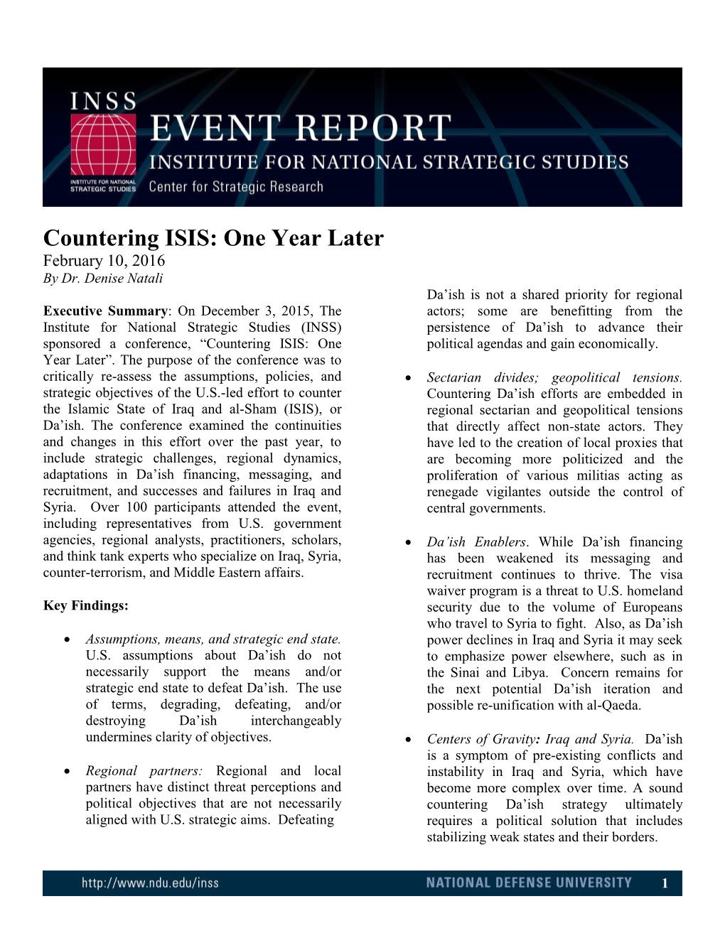 Countering ISIS: One Year Later February 10, 2016 by Dr