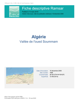 Algérie Fiche Descriptive Ramsar Publiée Le 14 Mars 2018 Version Mise À Jour, Date De Publication Antérieure: 18 Décembre 2009