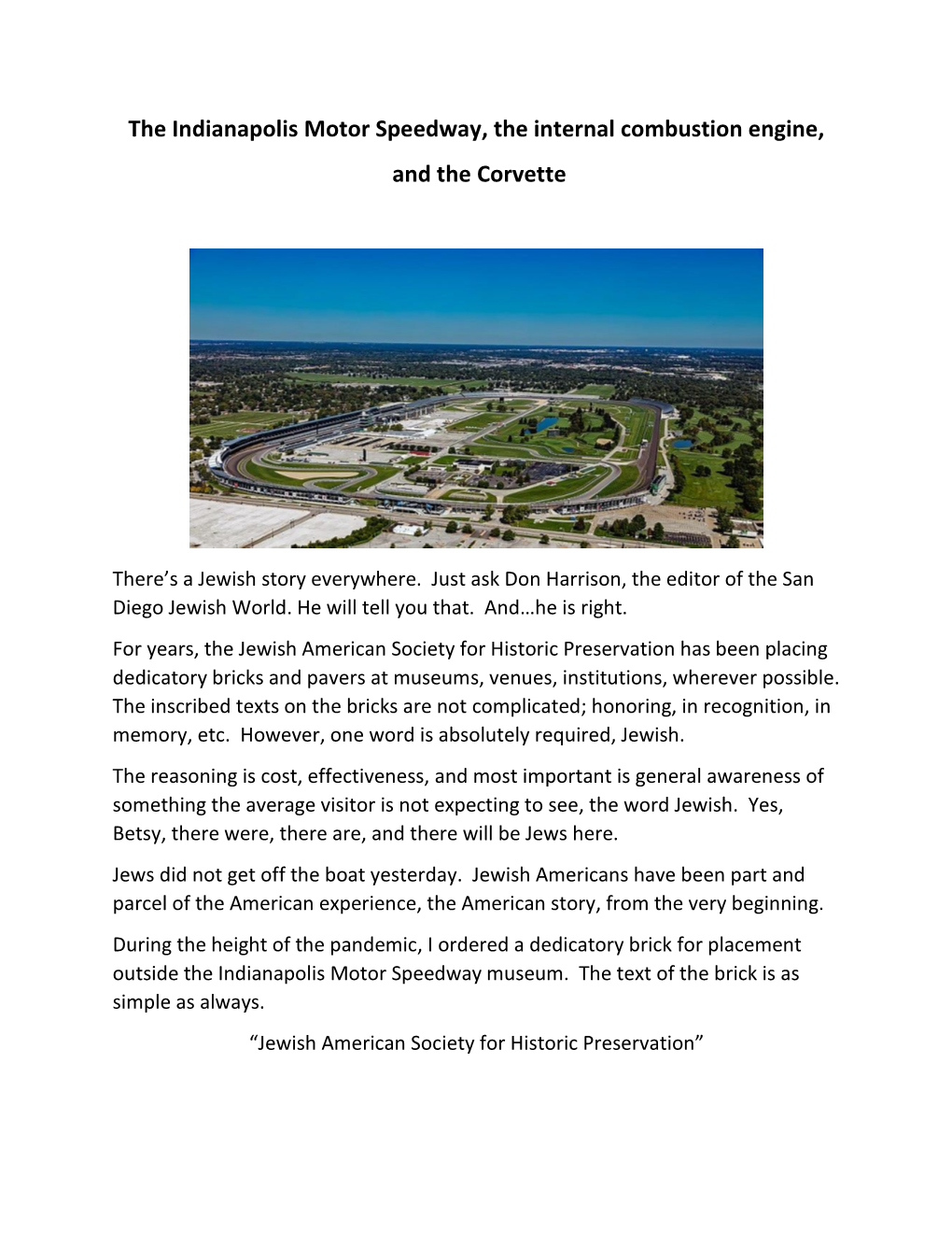 The Indianapolis Motor Speedway, the Internal Combustion Engine, and the Corvette