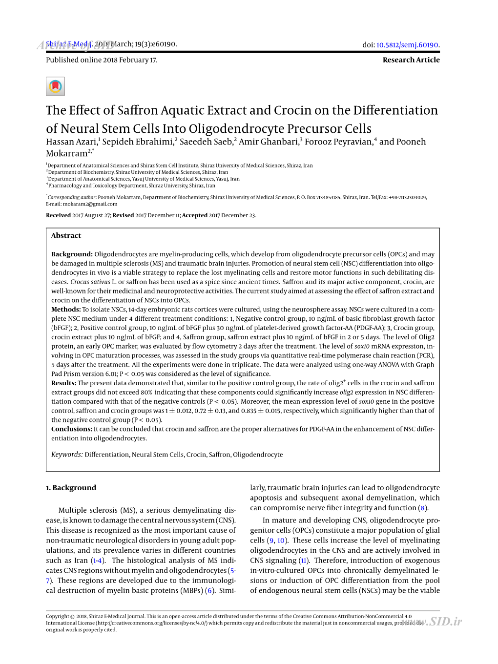 The Effect of Saffron Aquatic Extract and Crocin on the Differentiation Of