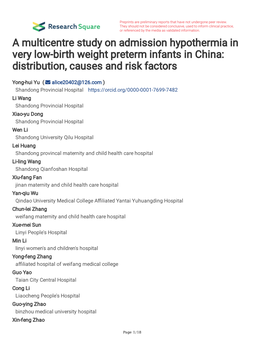 A Multicentre Study on Admission Hypothermia in Very Low-Birth Weight Preterm Infants in China: Distribution, Causes and Risk Factors