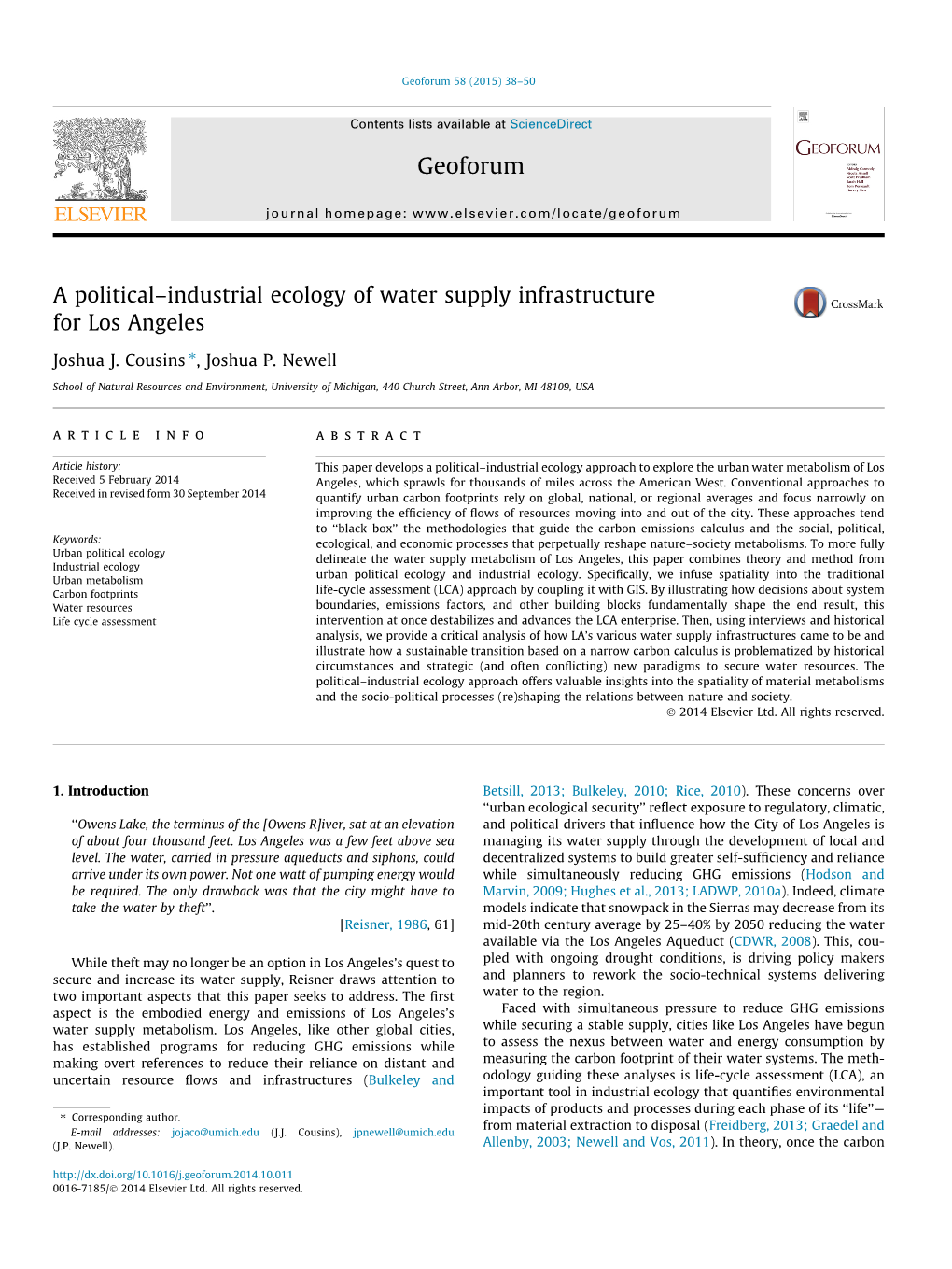 Industrial Ecology of Water Supply Infrastructure for Los Angeles ⇑ Joshua J