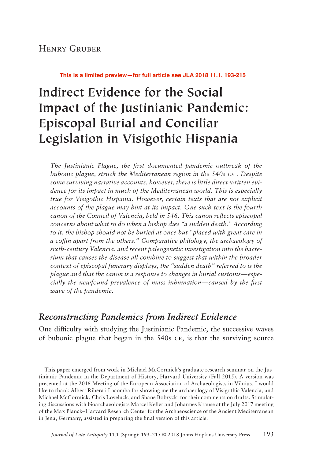 Indirect Evidence for the Social Impact of the Justinianic Pandemic: Episcopal Burial and Conciliar Legislation in Visigothic Hispania