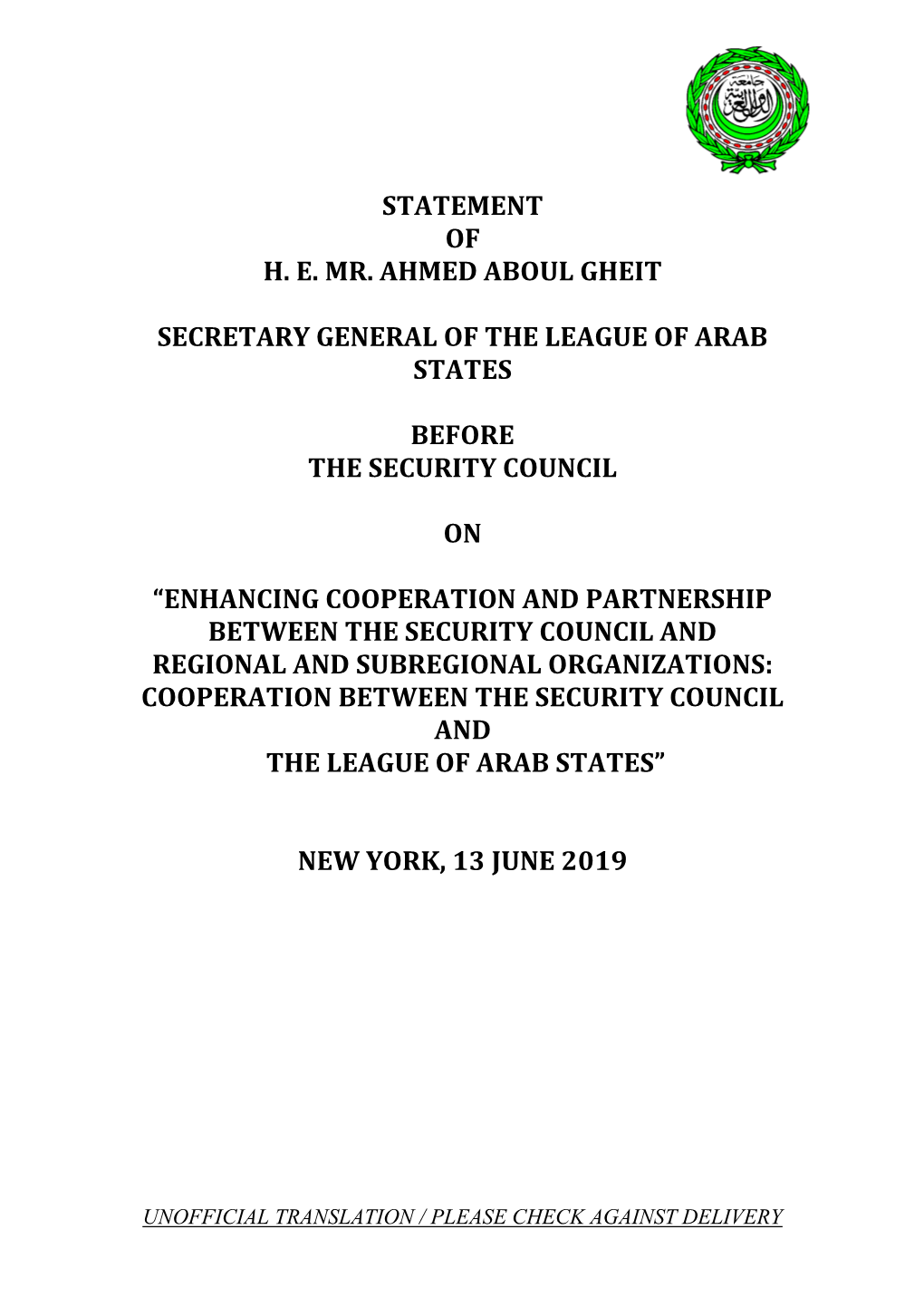 Statement of H. E. Mr. Ahmed Aboul Gheit Secretary