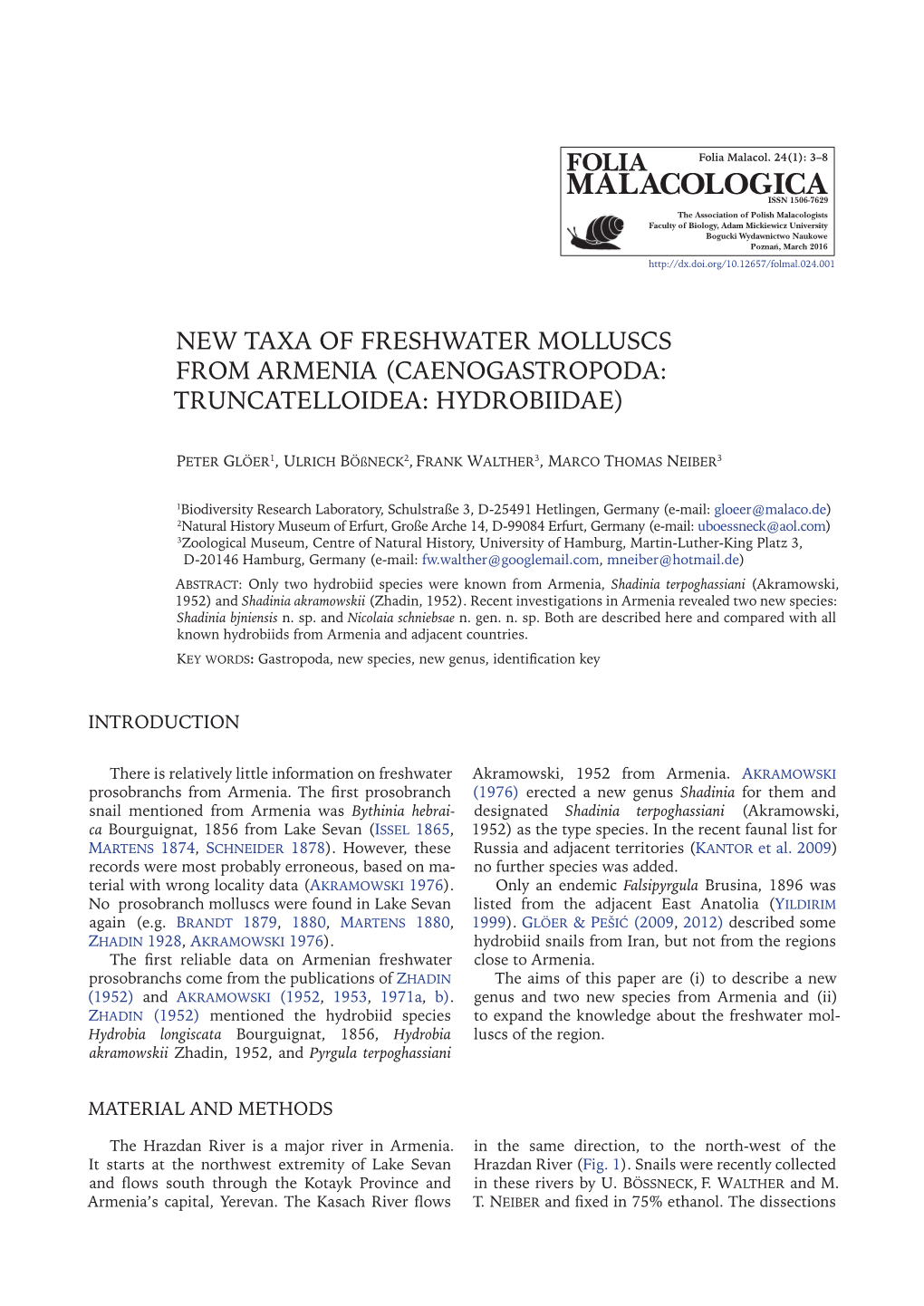 New Taxa of Freshwater Molluscs from Armenia (Caenogastropoda: Truncatelloidea: Hydrobiidae)