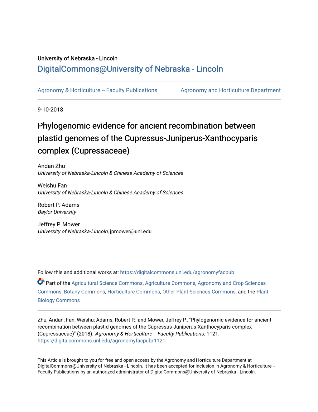 Phylogenomic Evidence for Ancient Recombination Between Plastid Genomes of the Cupressus-Juniperus-Xanthocyparis Complex (Cupressaceae)