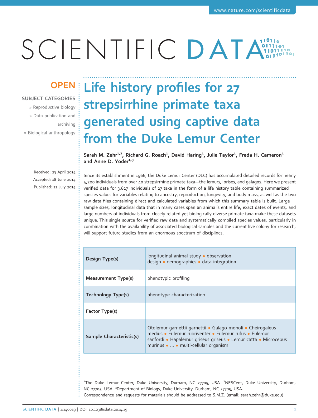 Life History Profiles for 27 Strepsirrhine Primate Taxa Generated Using Captive Data from the Duke Lemur Center