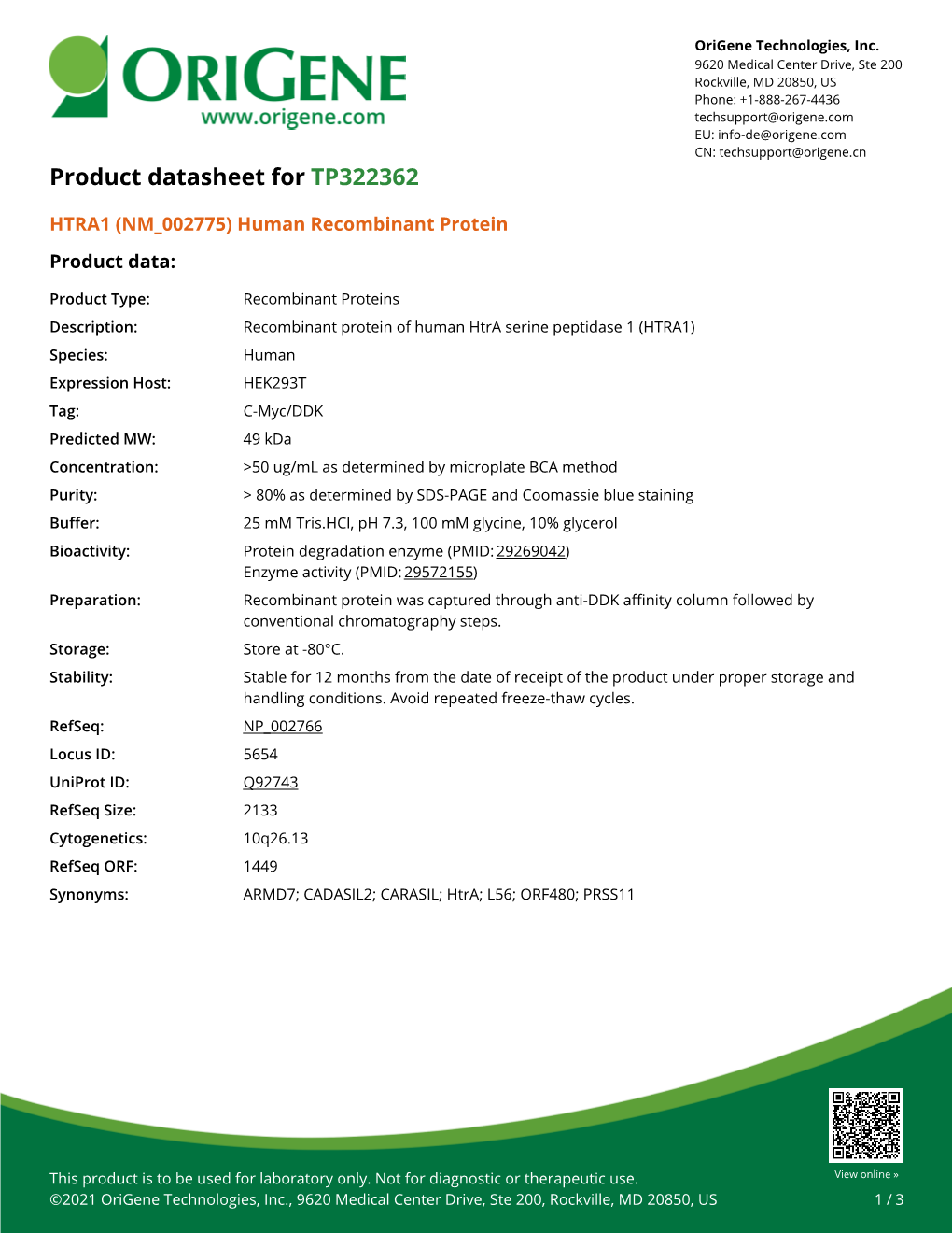 HTRA1 (NM 002775) Human Recombinant Protein Product Data