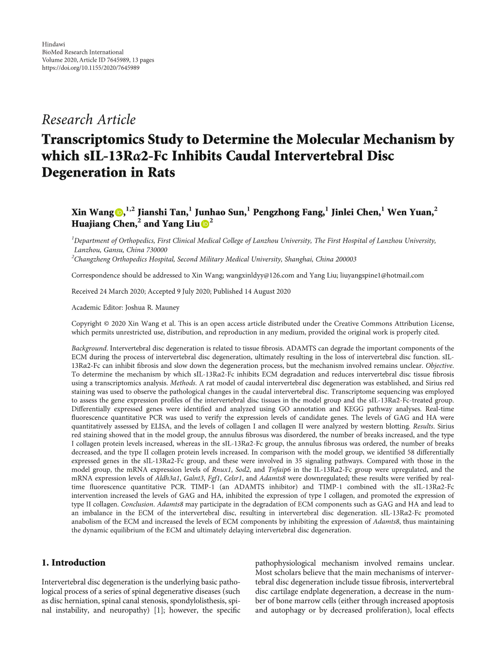 Transcriptomics Study to Determine the Molecular Mechanism by Which Sil-13Rα2-Fc Inhibits Caudal Intervertebral Disc Degeneration in Rats