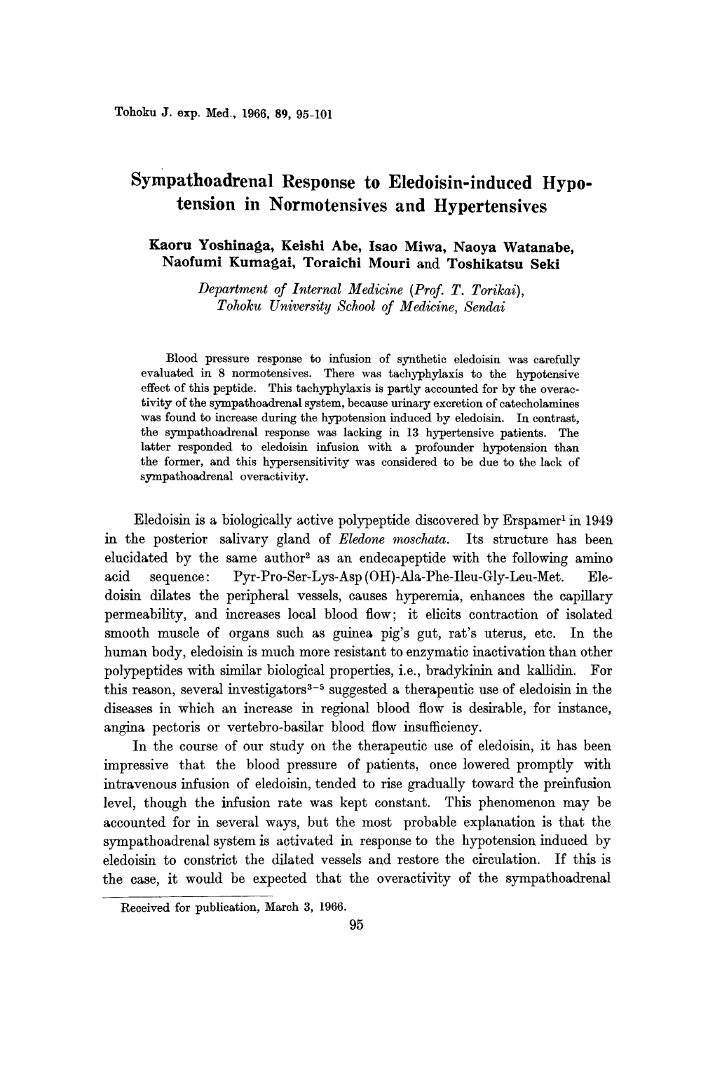 Sympathoadrenal Response to Eledoisin-Induced Hypo Tension in Normotensives and Hypertensives