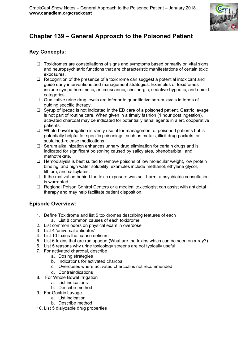 General Approach to the Poisoned Patient – January 2018