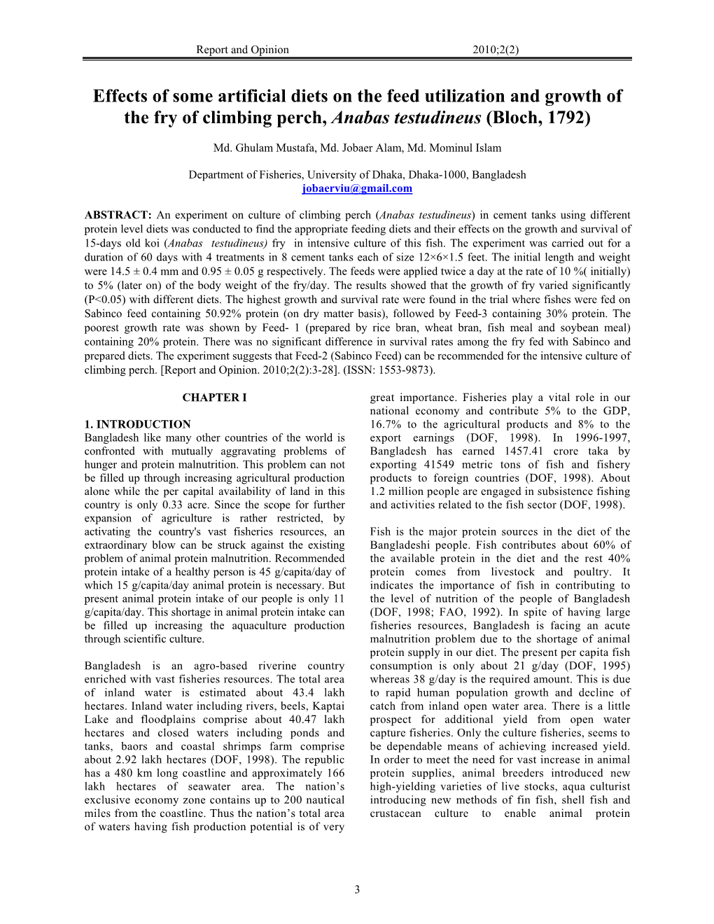 Effects of Some Artificial Diets on the Feed Utilization and Growth of the Fry of Climbing Perch, Anabas Testudineus (Bloch, 1792)