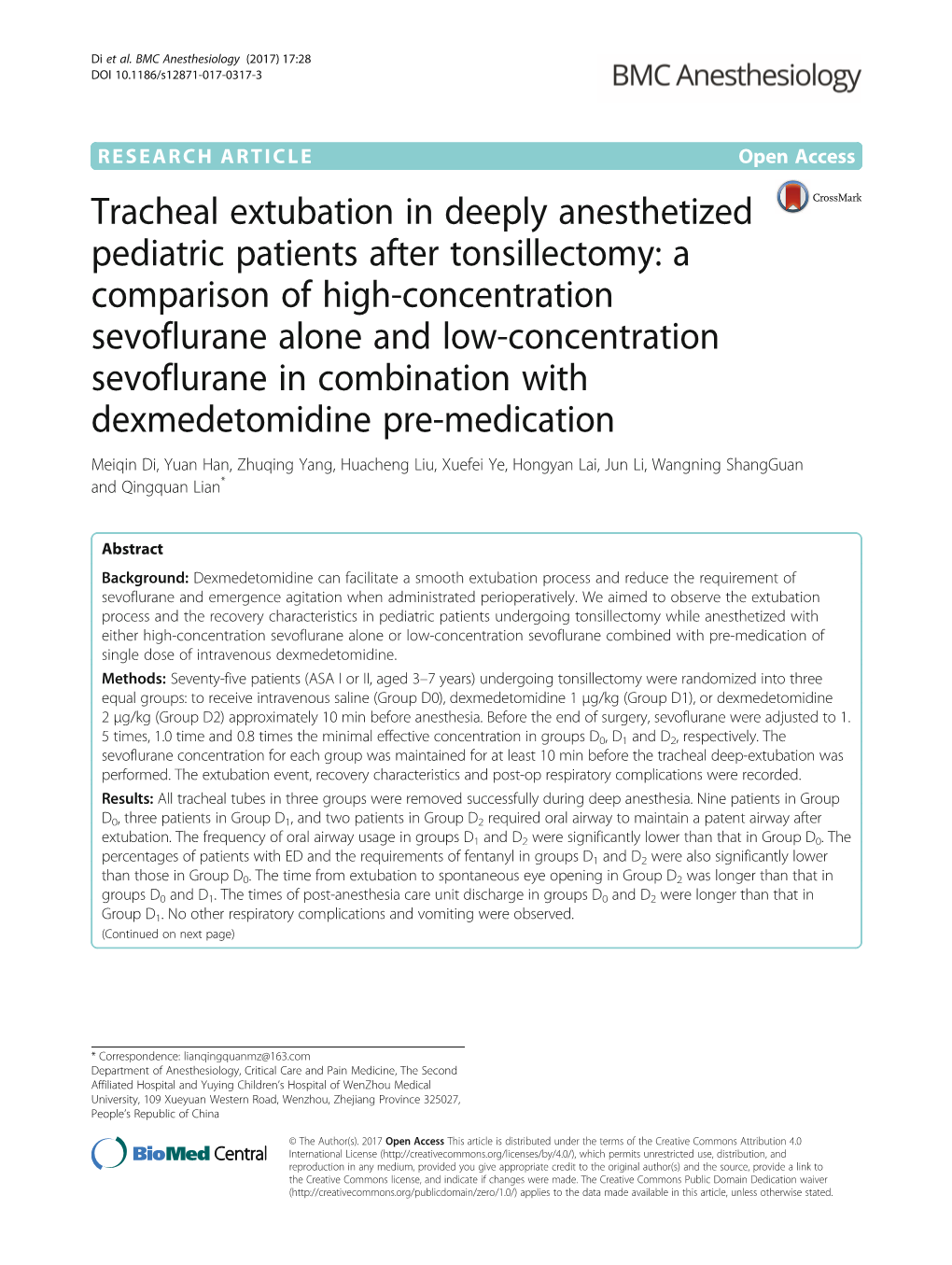 Tracheal Extubation in Deeply Anesthetized Pediatric Patients After Tonsillectomy: a Comparison of High-Concentration Sevofluran